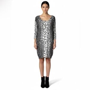 REISS Cotton Blend Black & White Animal Print Sweater Dress 3/4 Sleeves US Sz XS